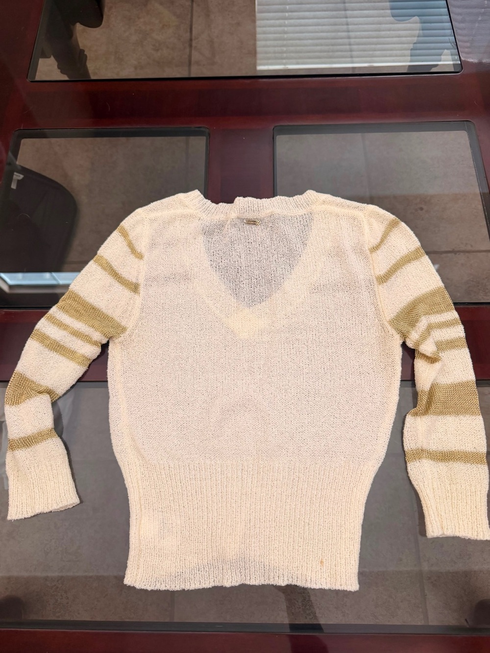 Bebe Light Cream V-Neck Women's Sweater with Olive Stripe Sleeves